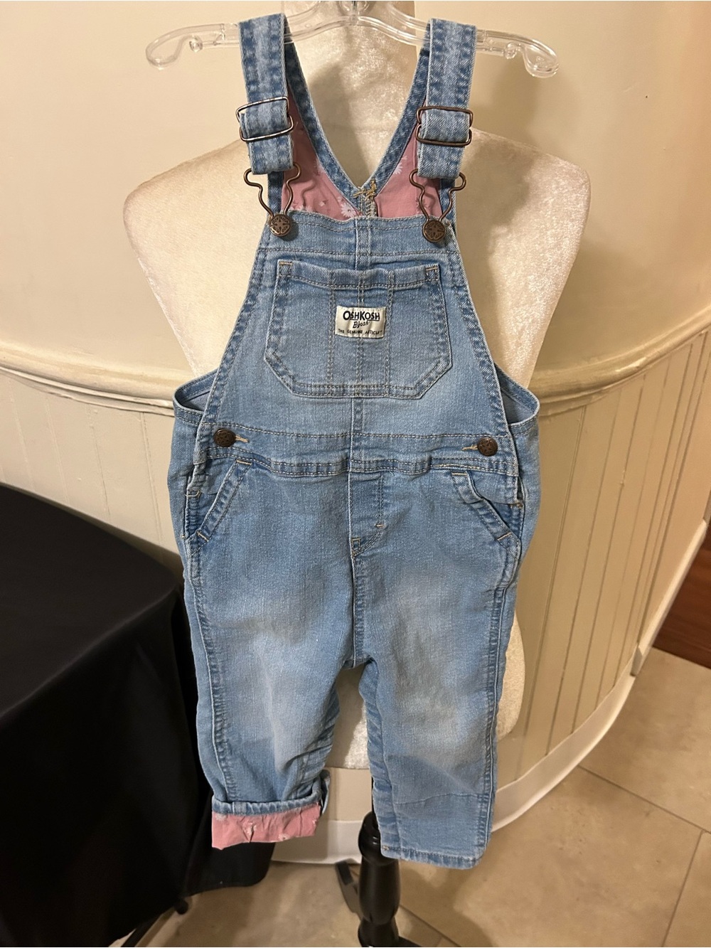 OshKosh B'gosh Light Wash Blue Denim Overalls/Pink Lining/White Flowers/24 M